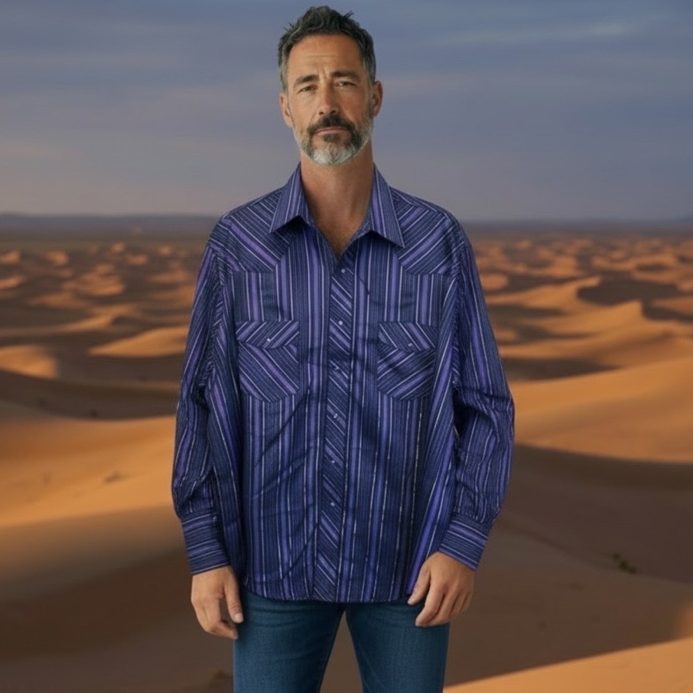 Wrangler Western Men Fashion Snap Shirt Striped Purple Metallic 2XL Cowboy Rodeo